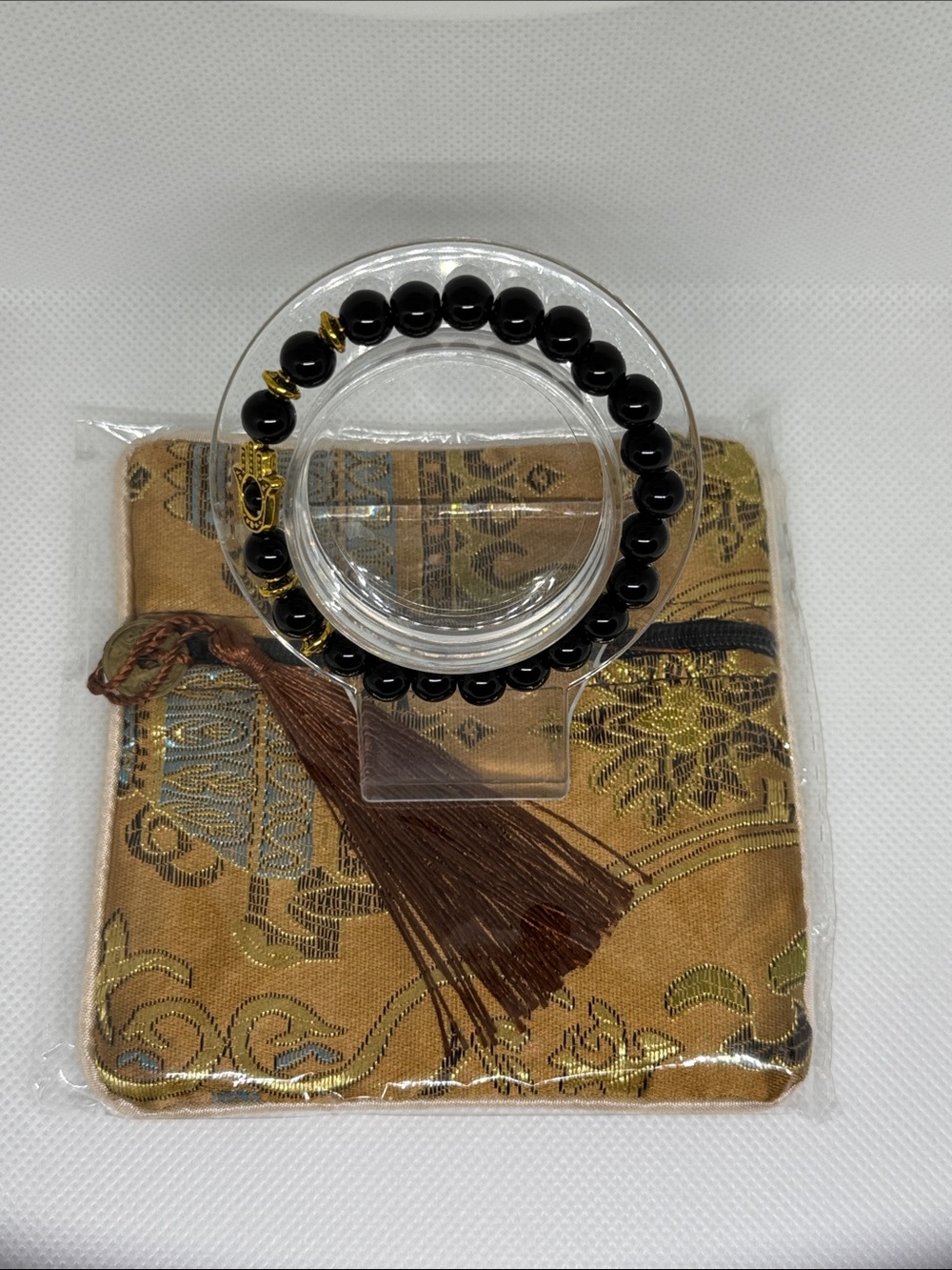 Black Obsidian Beaded Stretch Bracelet with Gold Accents bag included
